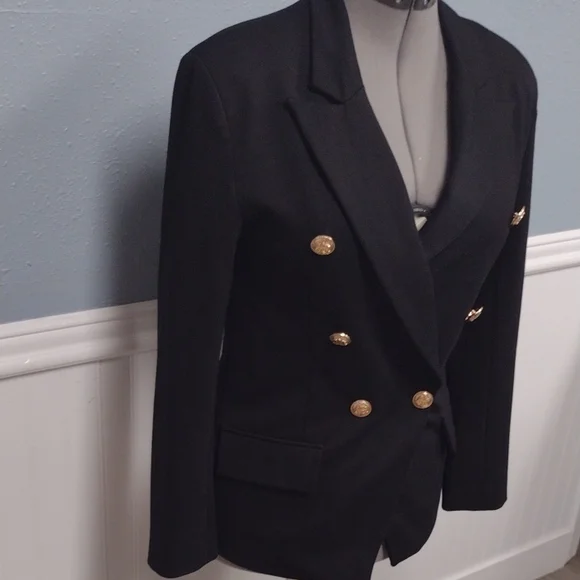 Attitude Unknown Chic Black Double-Breasted Blazer with Gold Accents - Picture 4 of 16